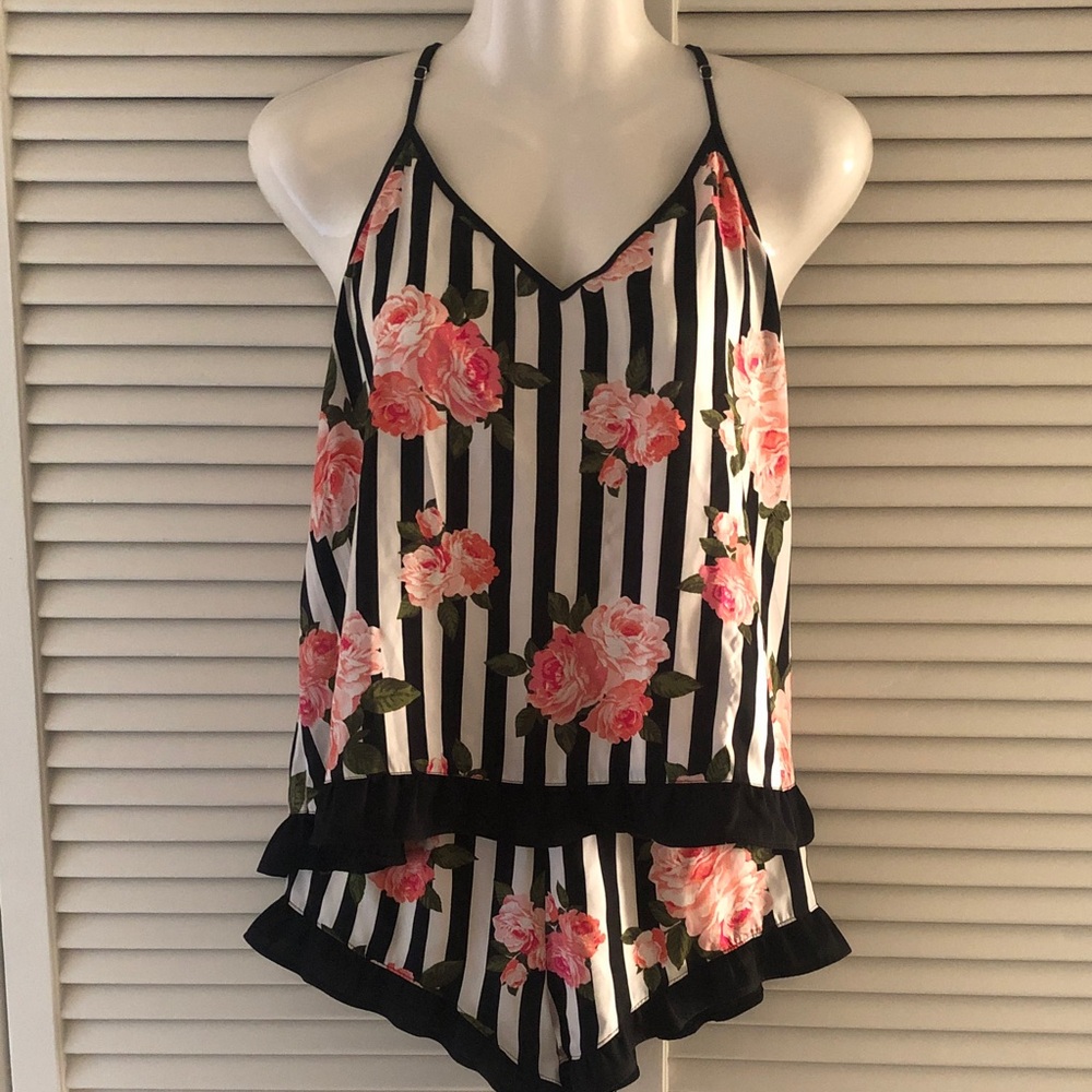 Betsey Johnson Black & White Striped Floral Girls' Romper with Pink Roses